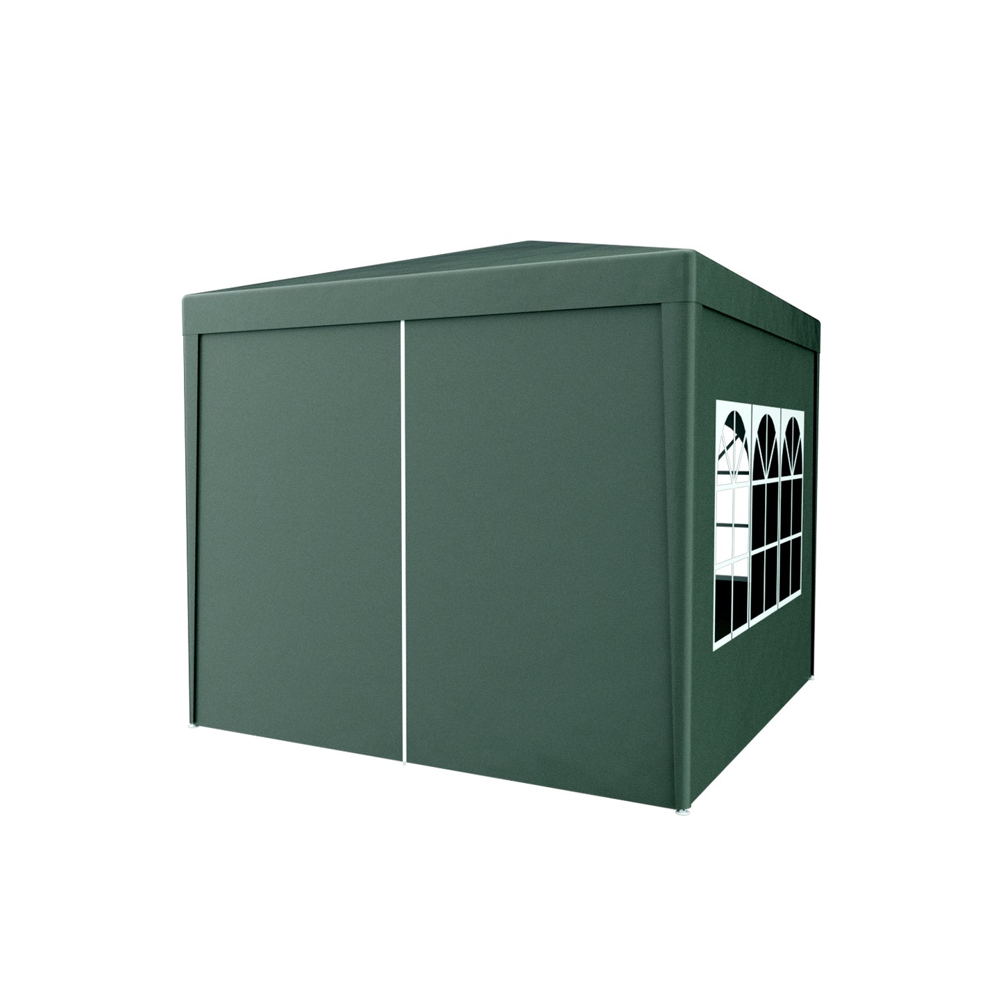 Dark green gazebo tent with white frame windows for outdoor events