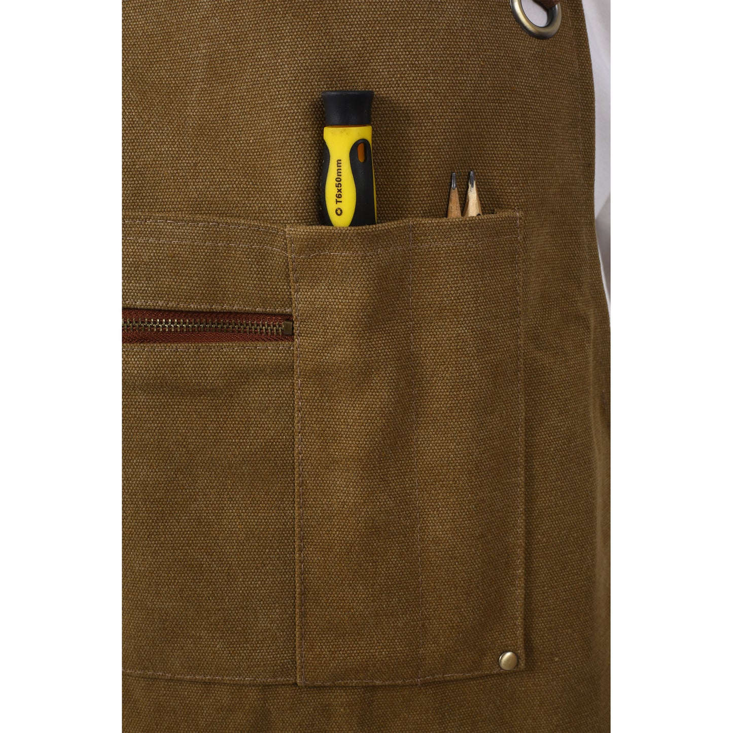 Brown canvas apron with dual pockets brass zipper and tool holders