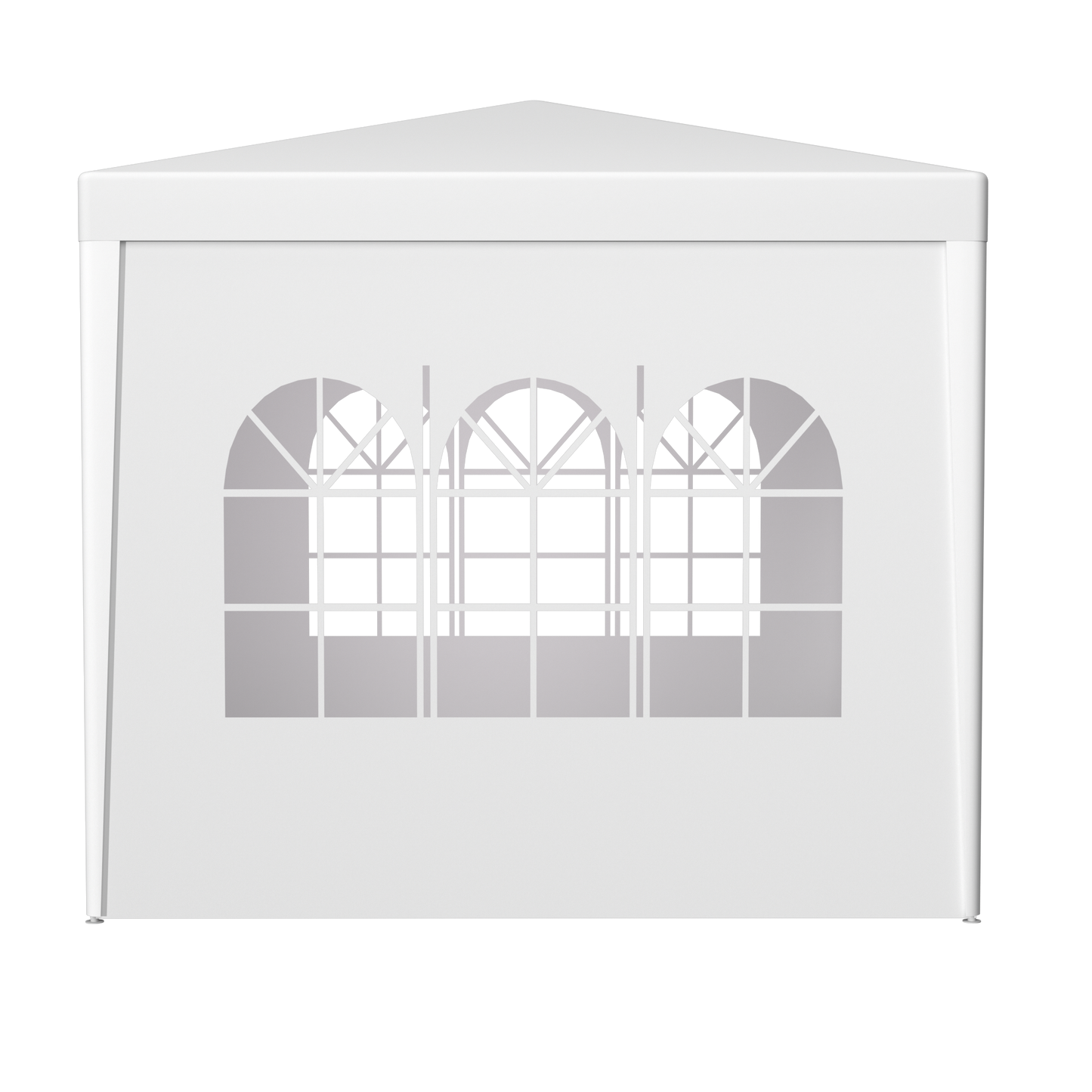 White outdoor event tent with arched windows for parties and gatherings