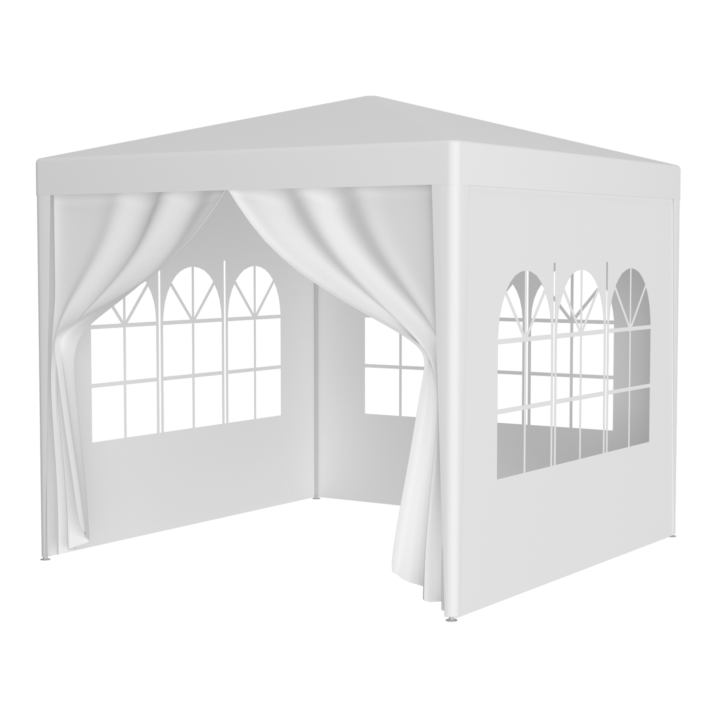 White outdoor canopy tent with arched windows and draped curtains ideal for events