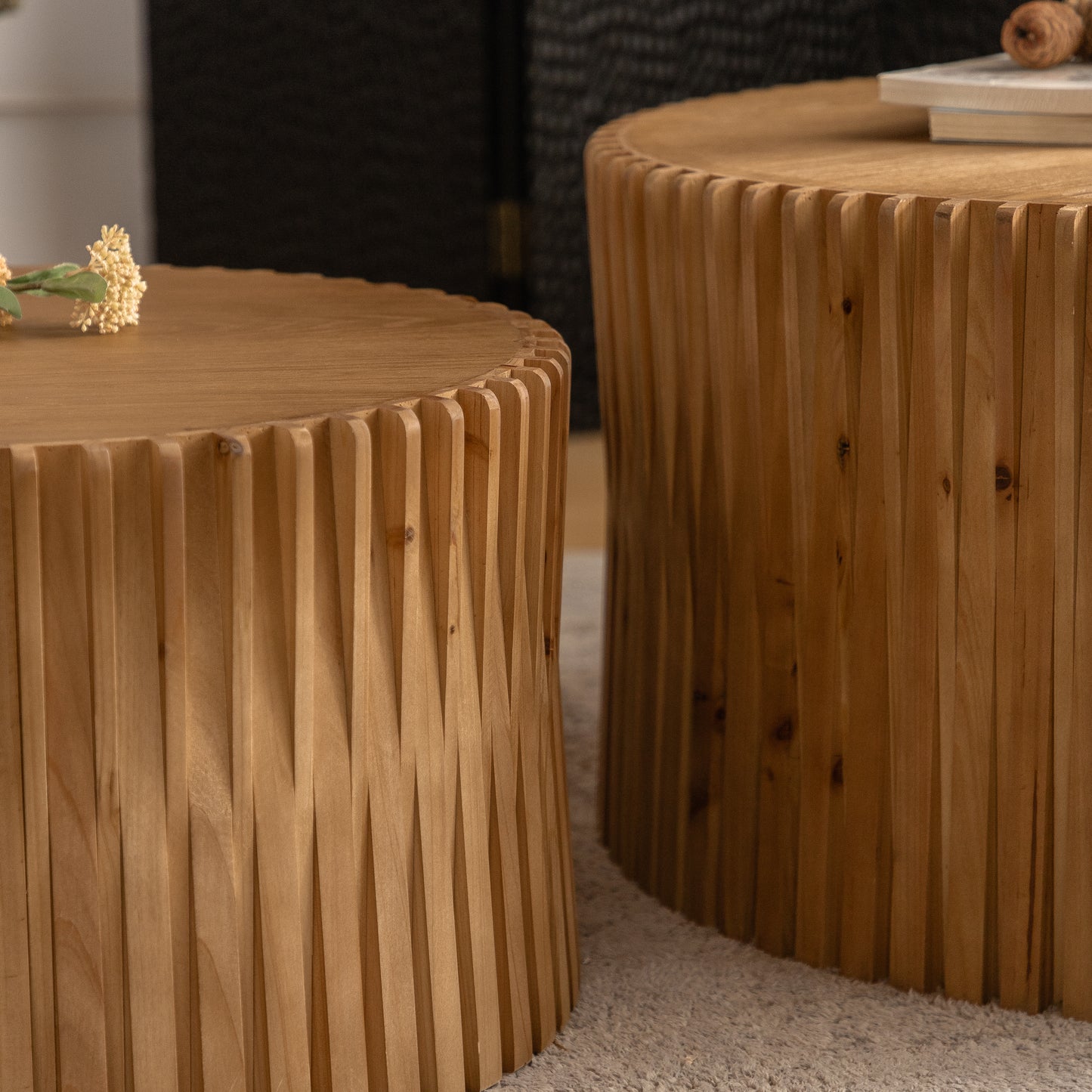 Round wooden side table with fluted detailing