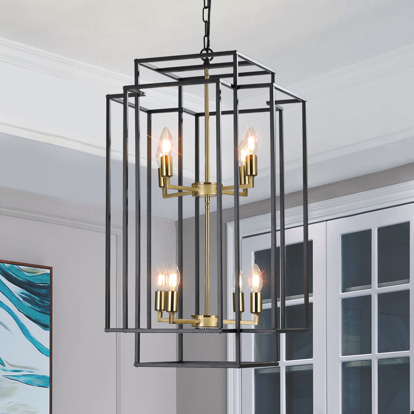 Geometric black metal lantern chandelier with brass accents and Edison bulbs perfect for dining rooms