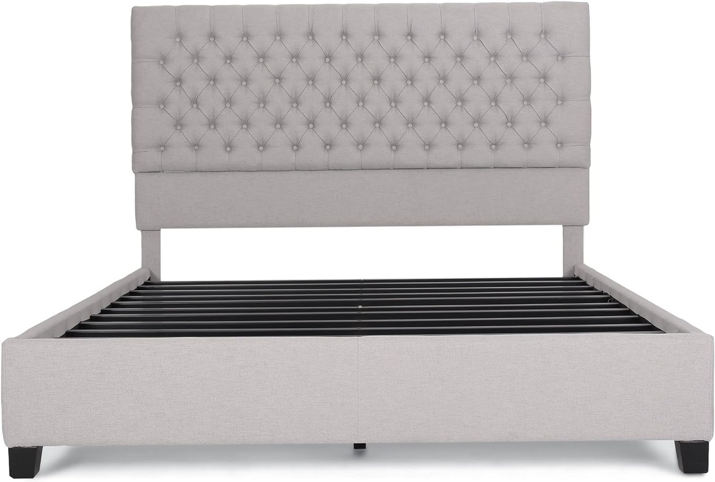 Tufted light gray upholstered queen bed frame with a diamond stitch headboard and metal slats