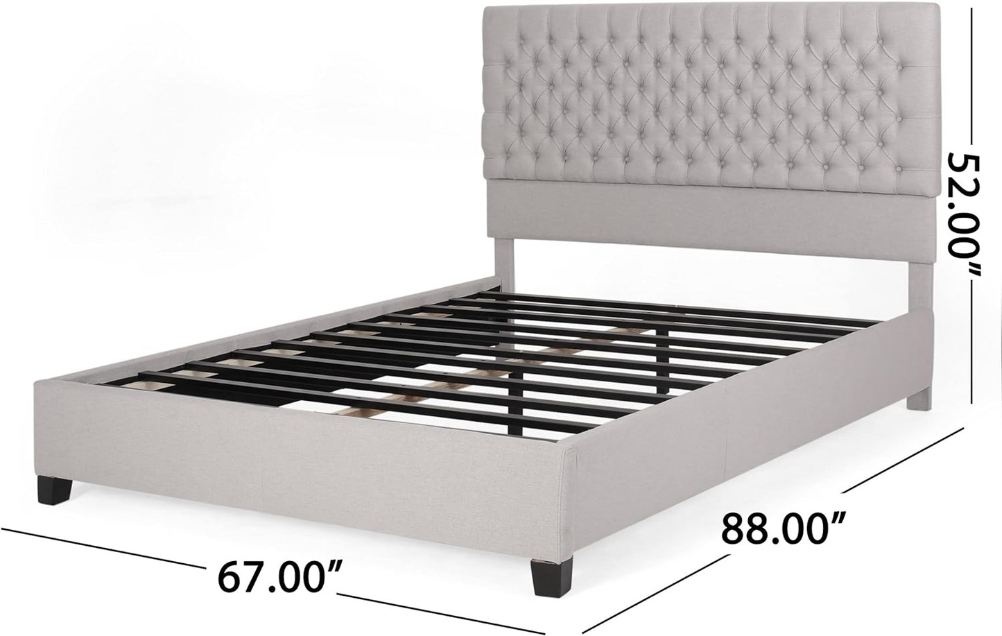 Light gray upholstered platform bed frame with tufted headboard and black legs