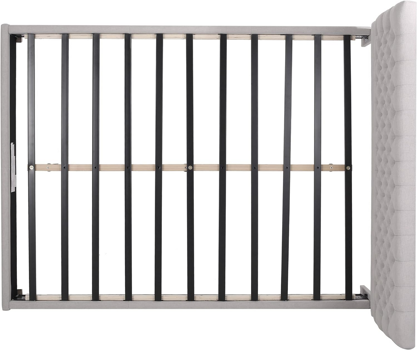 Gray upholstered bed frame with metal slats for mattress support