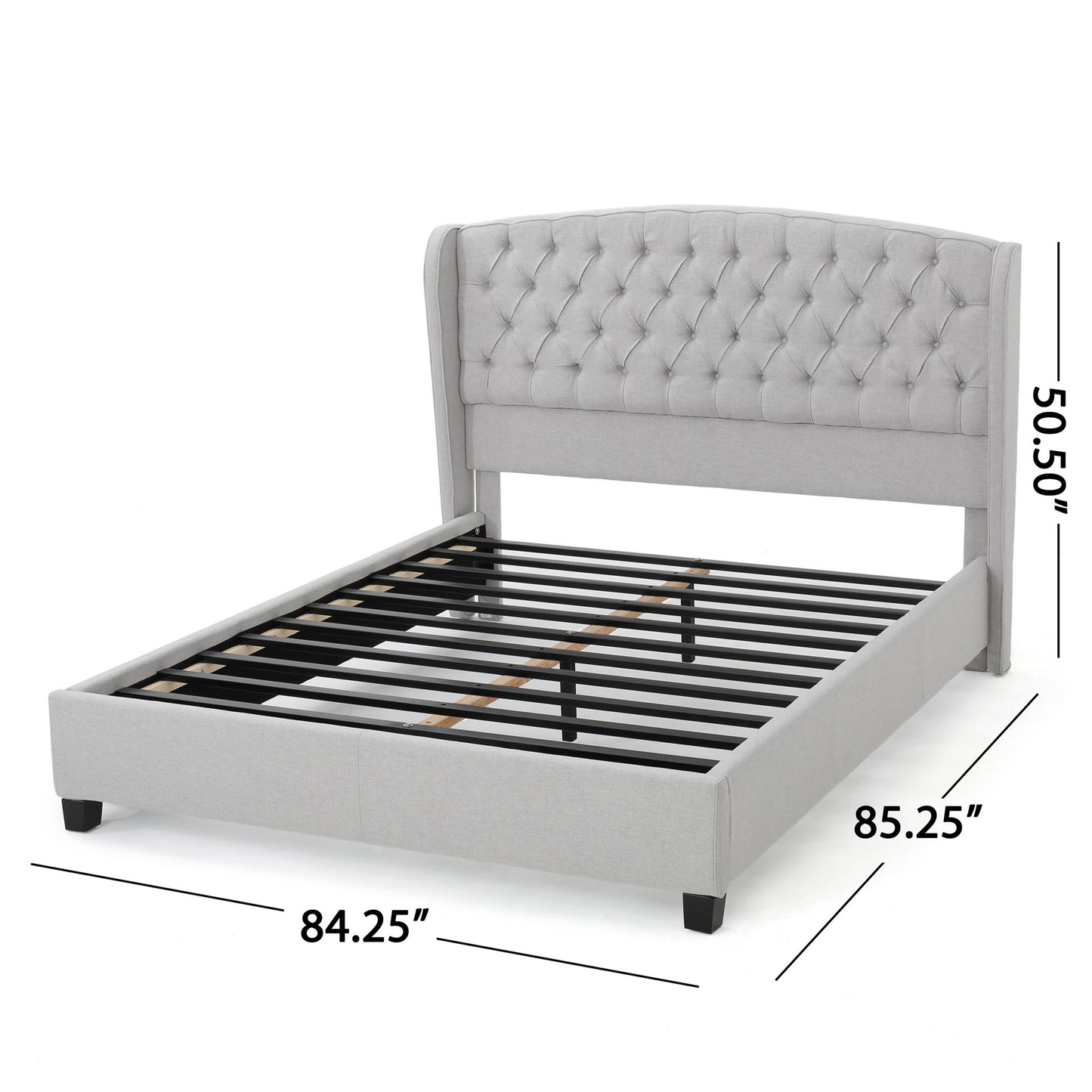 Light gray tufted wingback bed frame with wooden slats king size