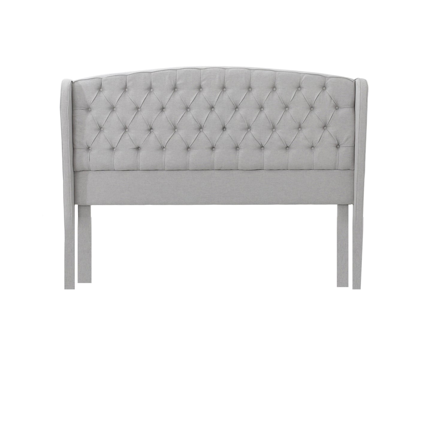 Tufted light grey fabric headboard with diamond button tufting wingback design and wood legs