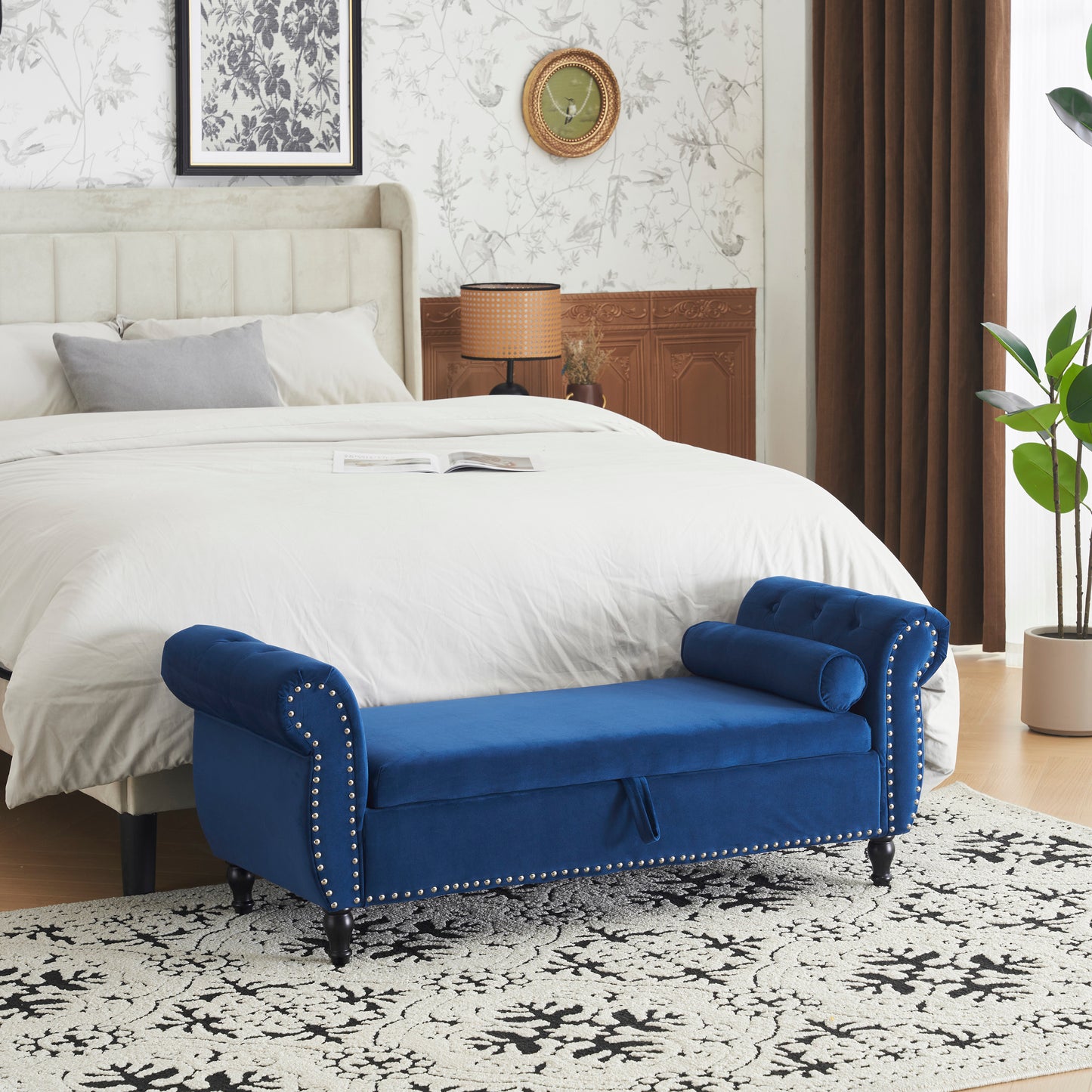 Blue velvet storage bench with tufted design and silver nailhead trim perfect for bedroom storage