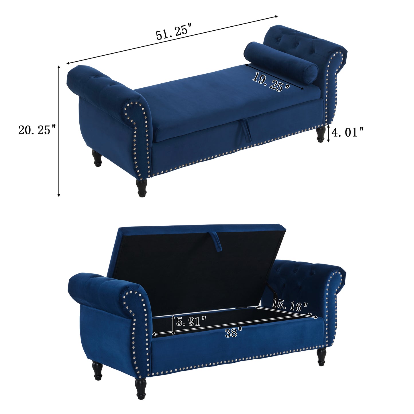 Tufted navy blue velvet storage bench with silver nailhead trim and removable bolsters
