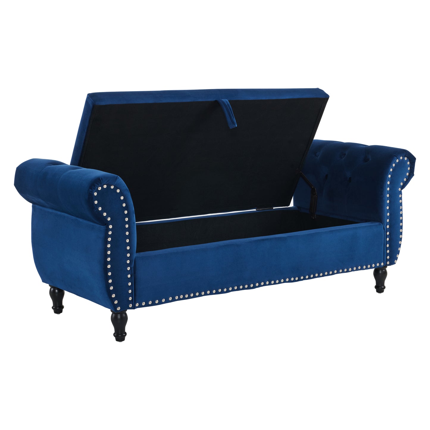 Royal blue velvet ottoman bench with tufted details and silver nailhead trim