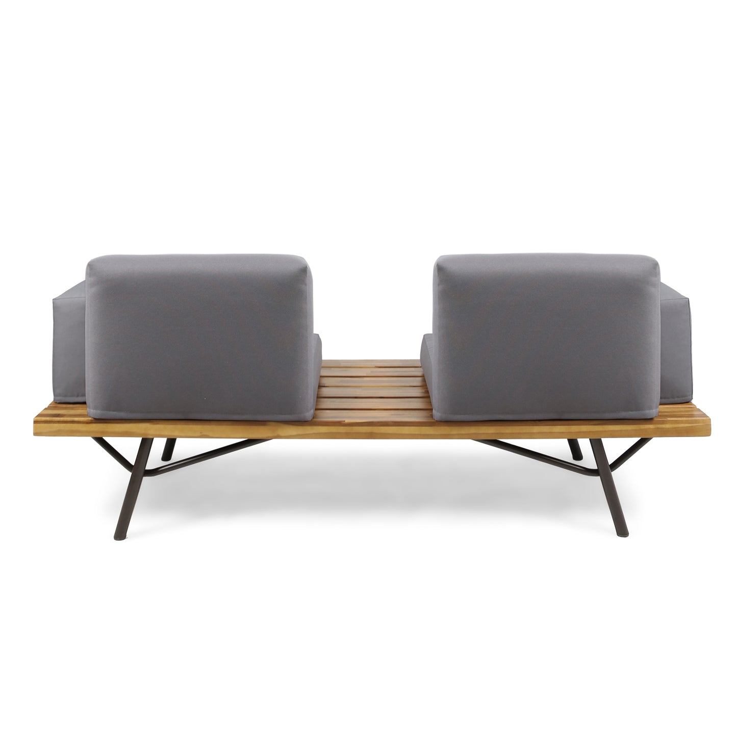 Grey outdoor patio bench with acacia wood slats and metal legs