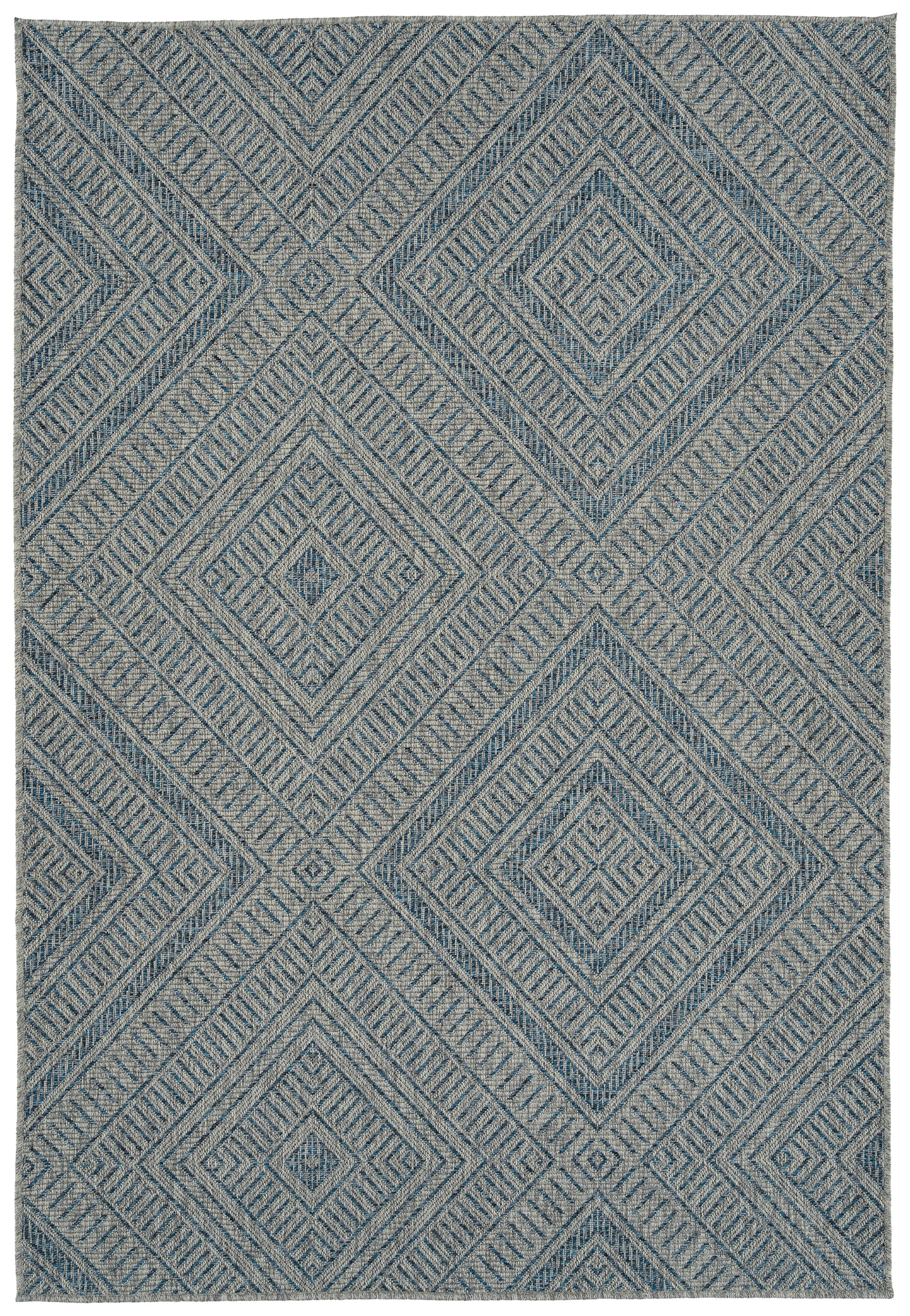 Gray and blue diamond pattern woven indoor outdoor rug