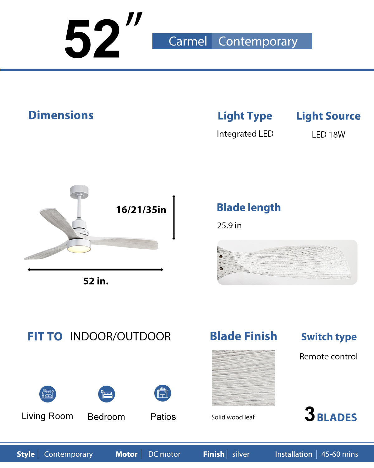 inch Carmel contemporary ceiling fan with integrated LED light and DC motor