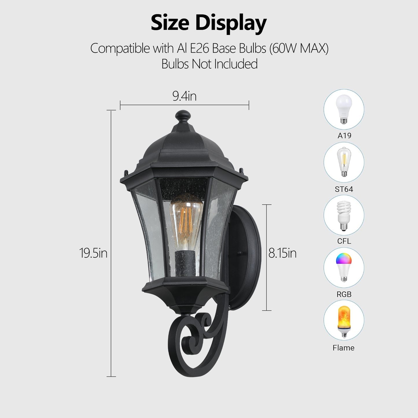 Black outdoor wall lantern with seeded glass inches tall fits E base bulbs
