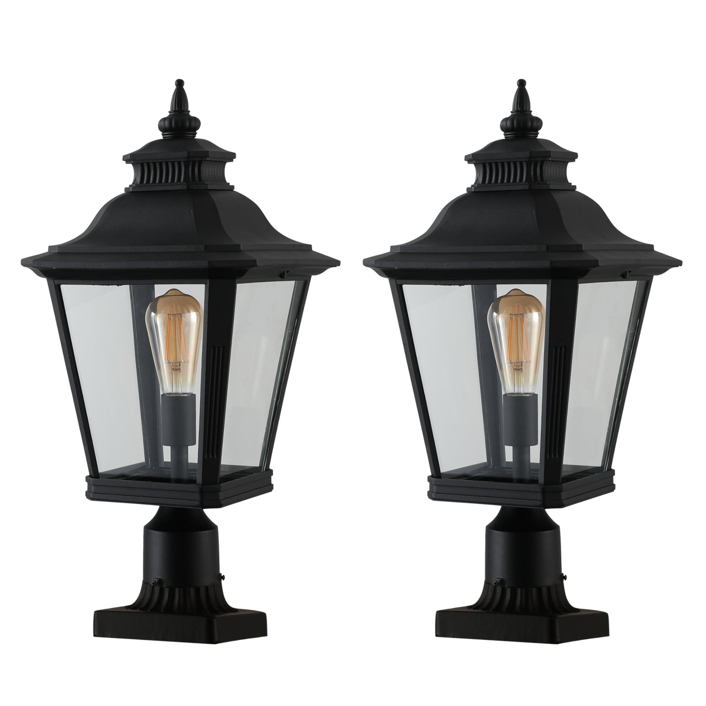 Two black traditional post mount lanterns with clear glass and Edison bulbs