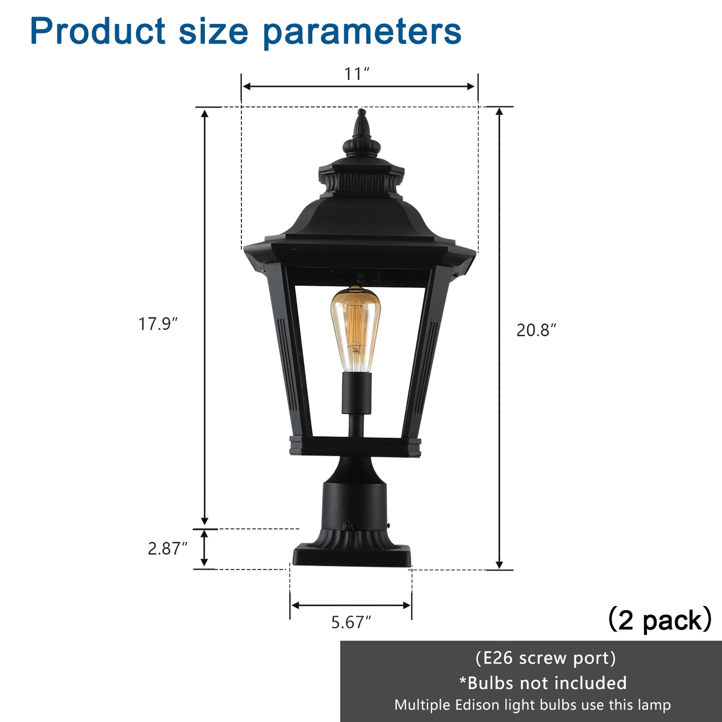 Black outdoor lantern post light with classic design and Edison bulb