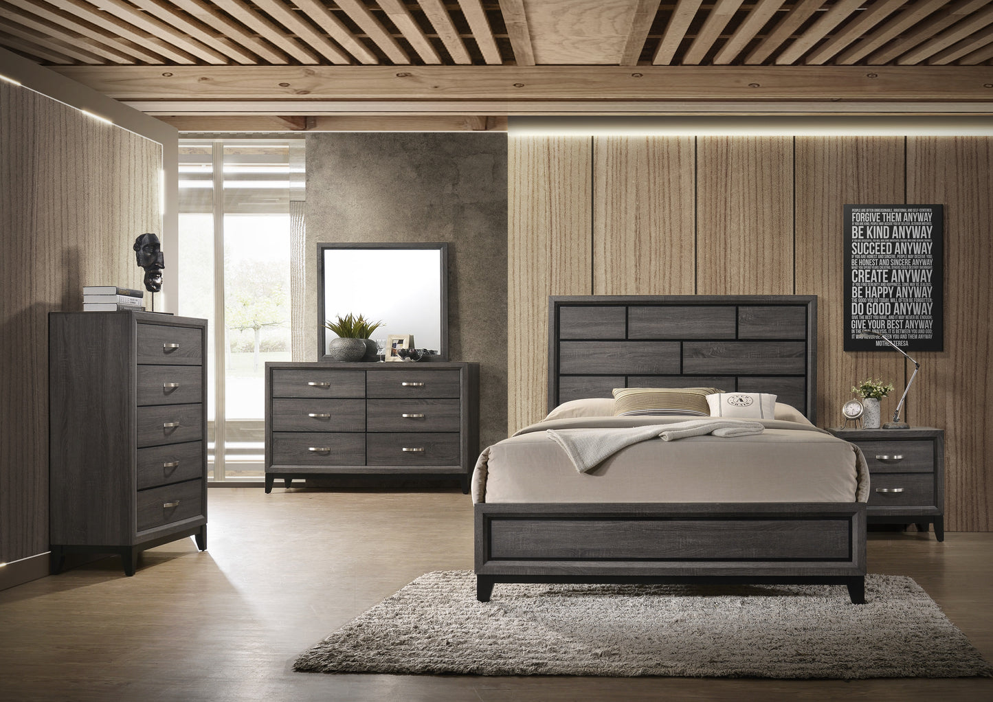 Gray wood modern bedroom set with queen bed and dressers