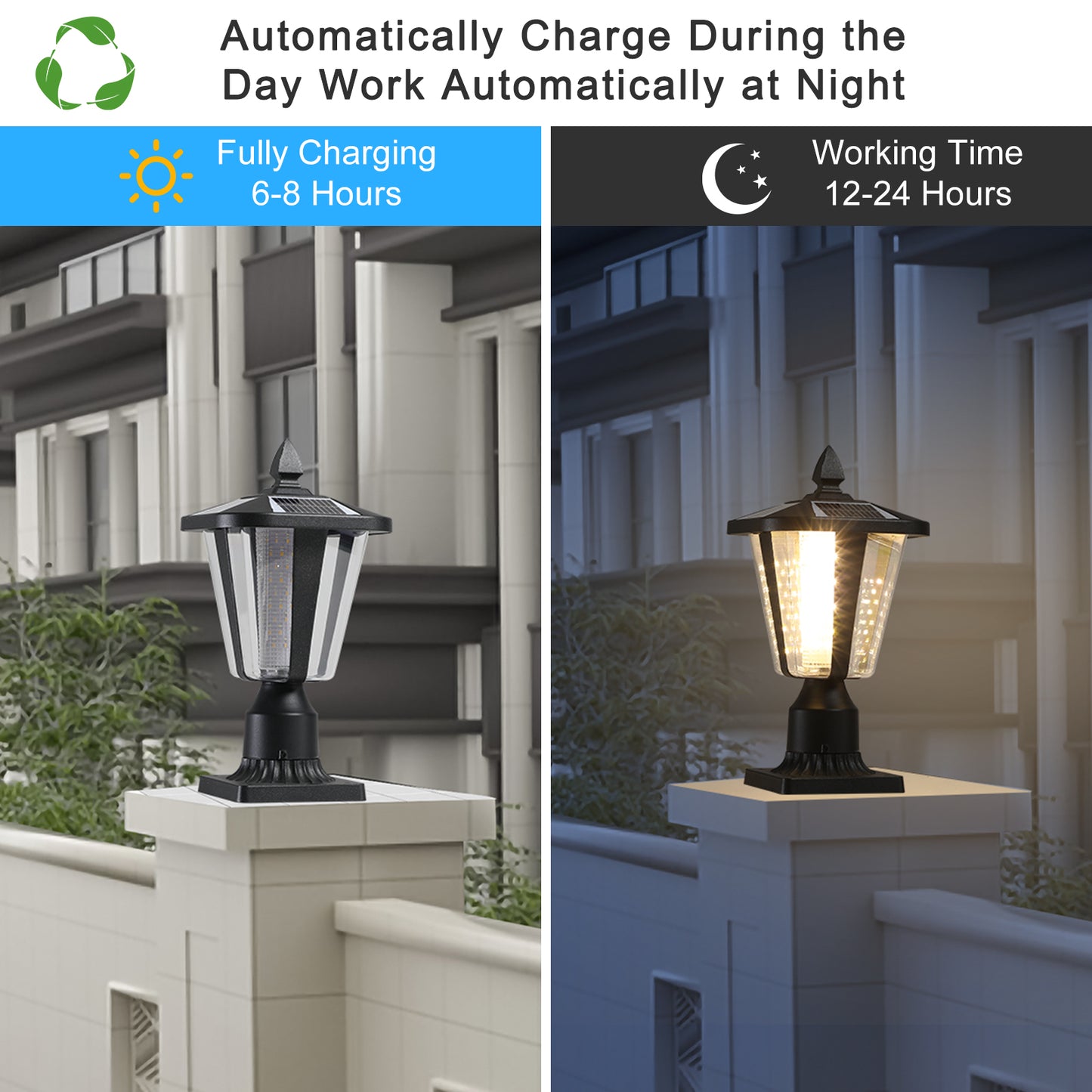 Black solarpowered outdoor post lamp with faceted clear panels charges during day