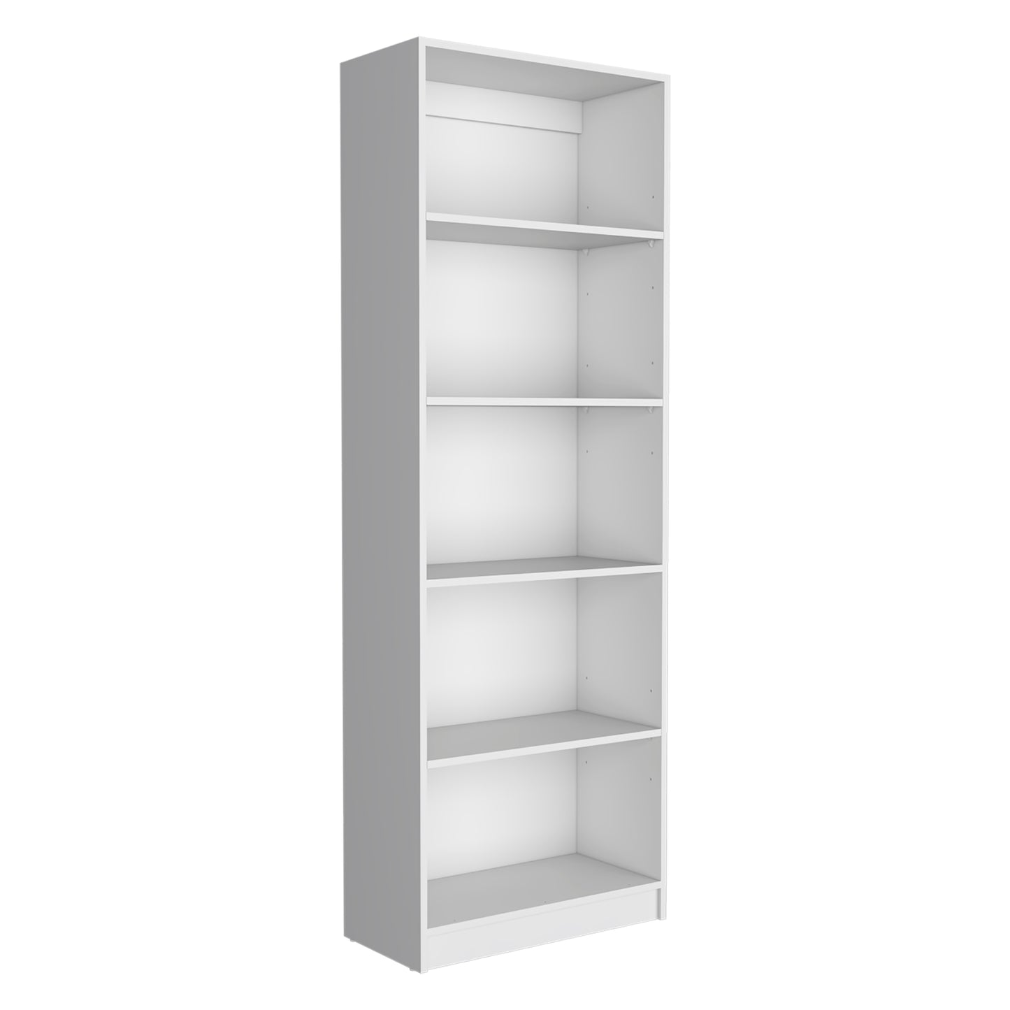 Modern white bookshelf with five open shelves for ample storage space