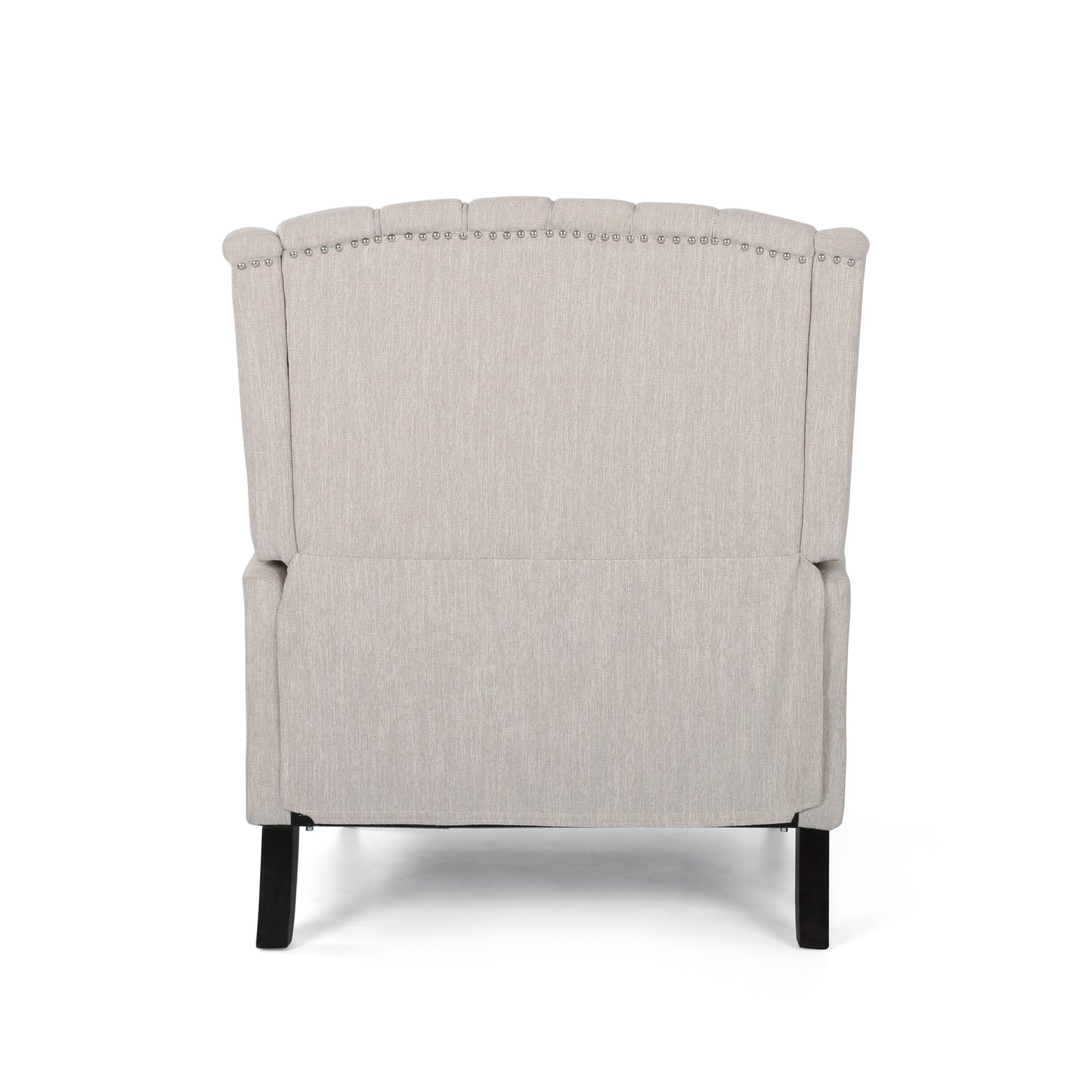 Beige upholstered wingback accent chair with nailhead trim detail