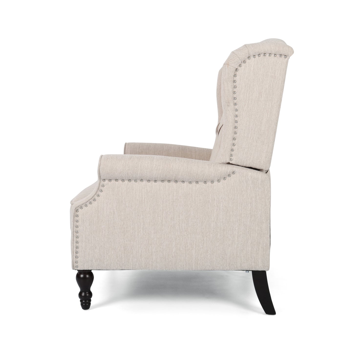 Tufted beige linen wingback armchair with silver nailhead trim and dark wood legs
