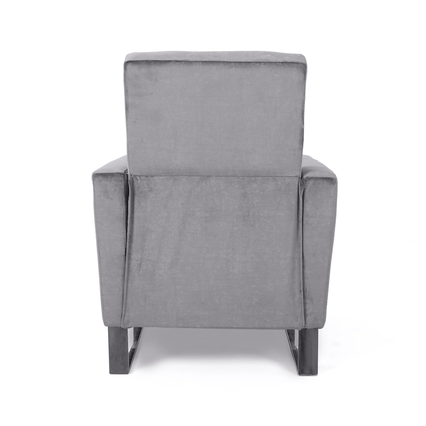 Back view of a plush grey velvet armchair with dark metal legs