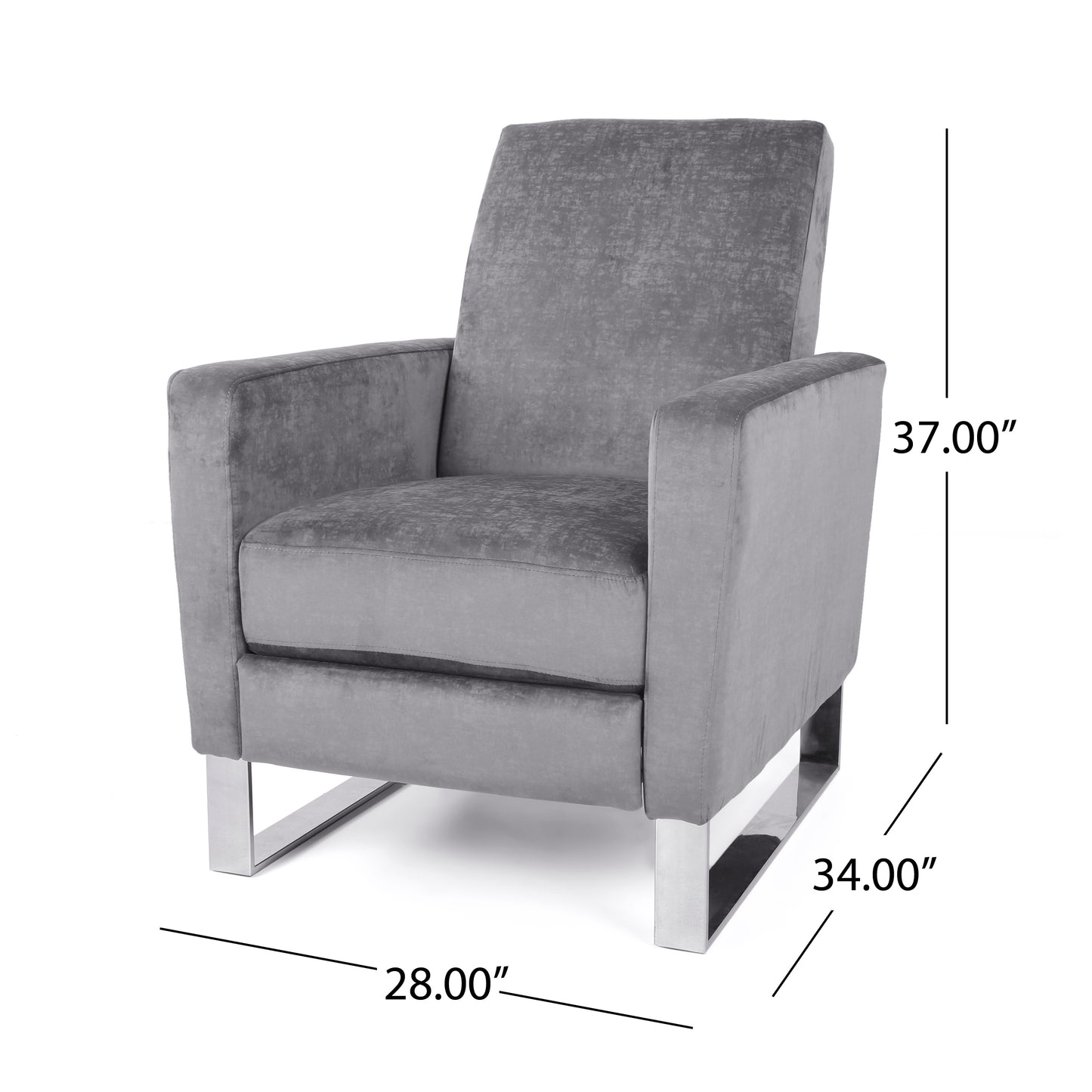 Gray velvet accent chair with sleek chrome base and square arms
