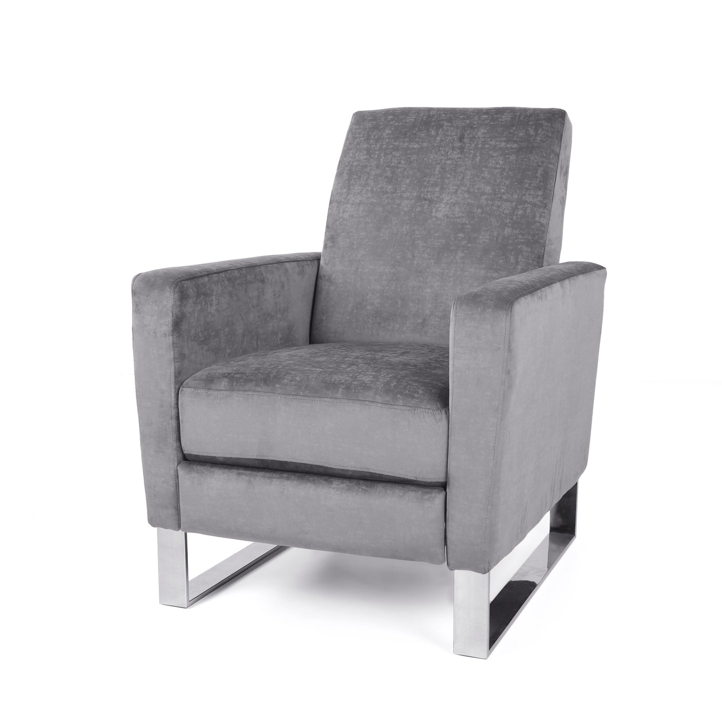 Plush grey velvet accent chair with sleek chrome metal legs
