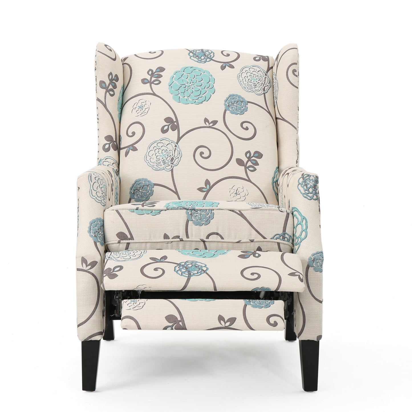 Floral wingback recliner chair in cream with blue and gray floral pattern