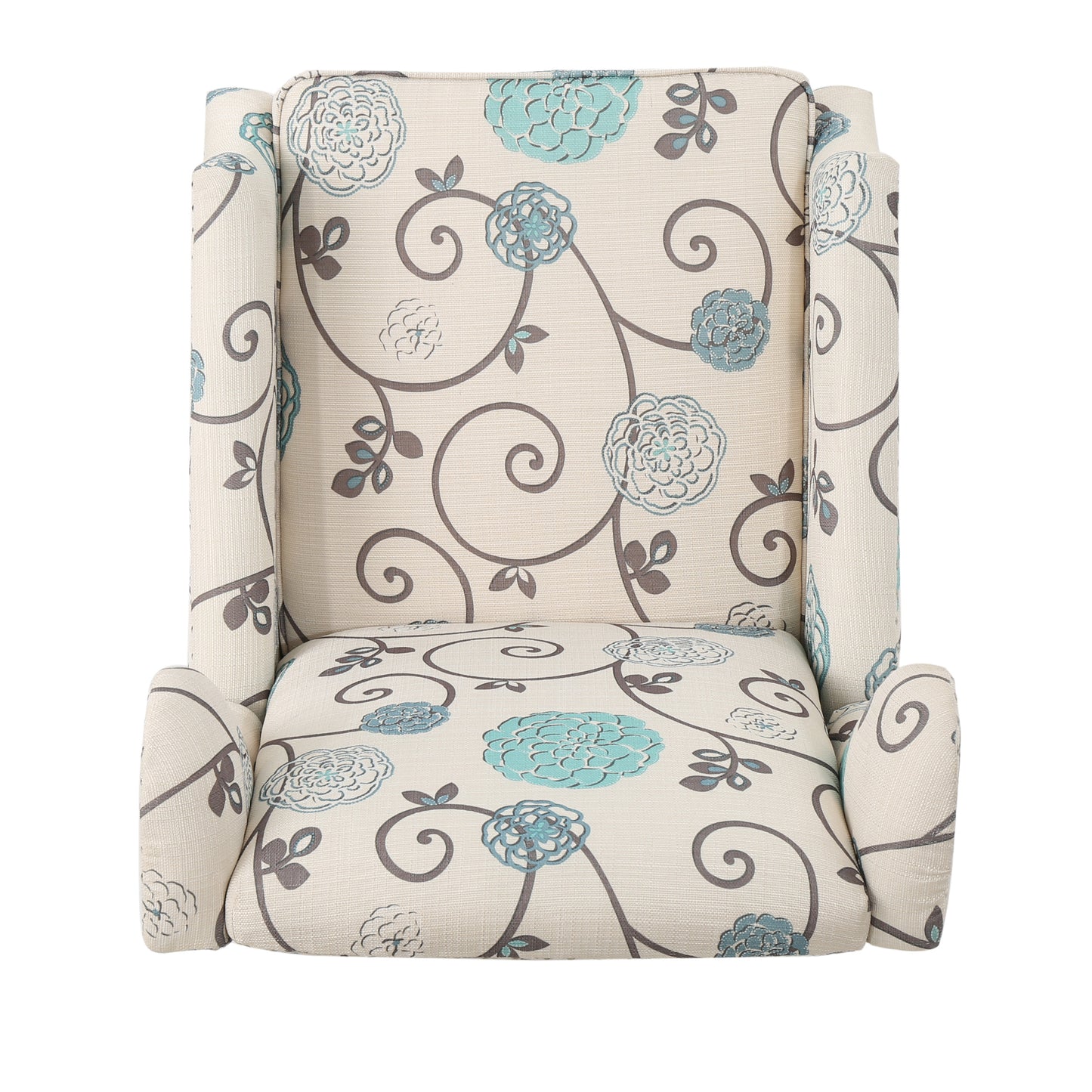 Cream fabric accent chair with teal and grey floral vine pattern