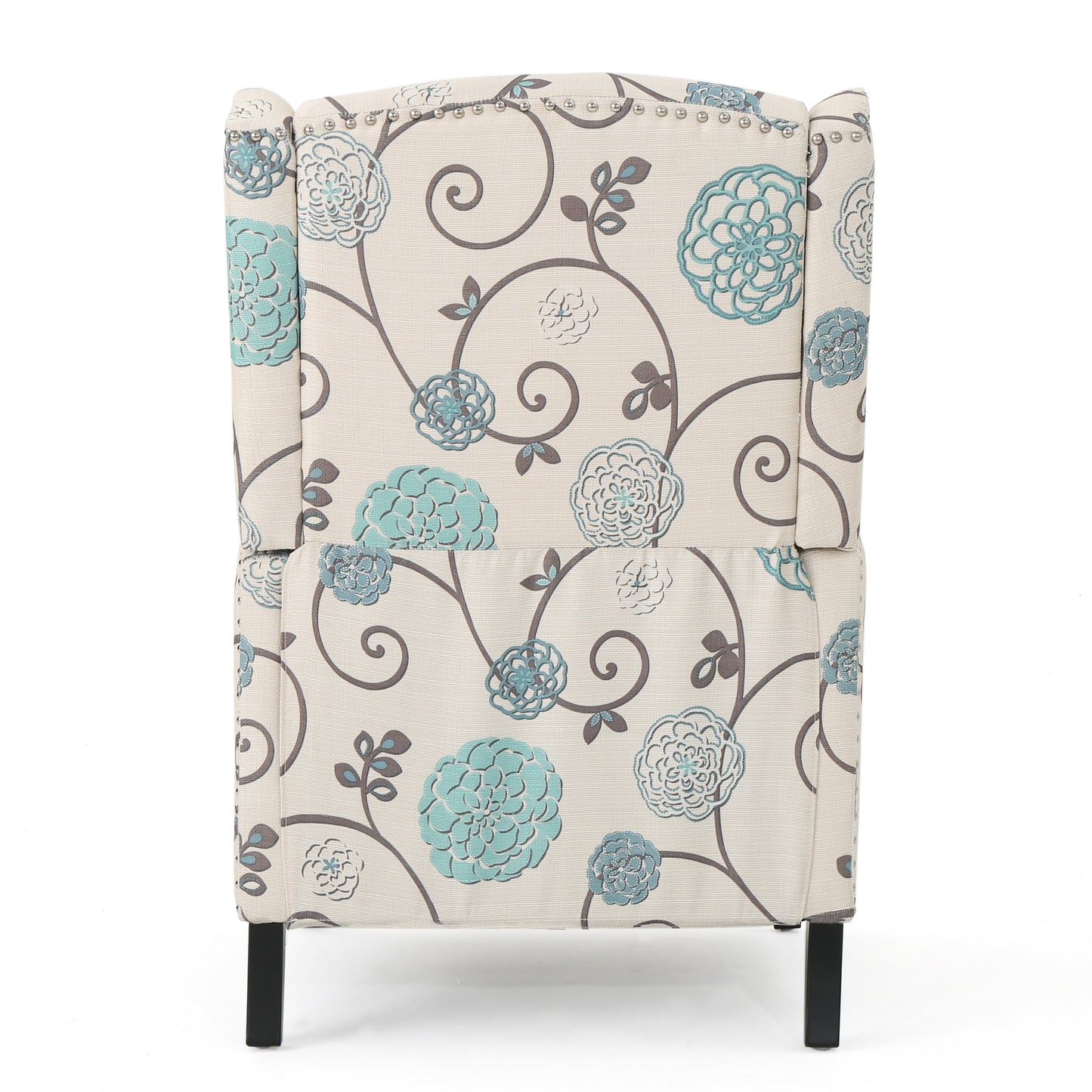Cream wingback armchair with teal floral pattern and nailhead trim