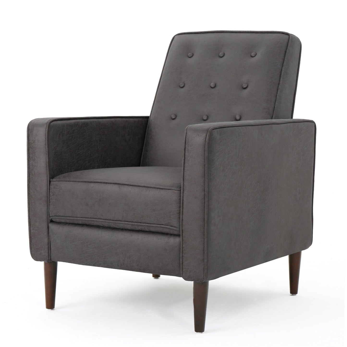 Dark grey upholstered armchair with tufted back and tapered wooden legs