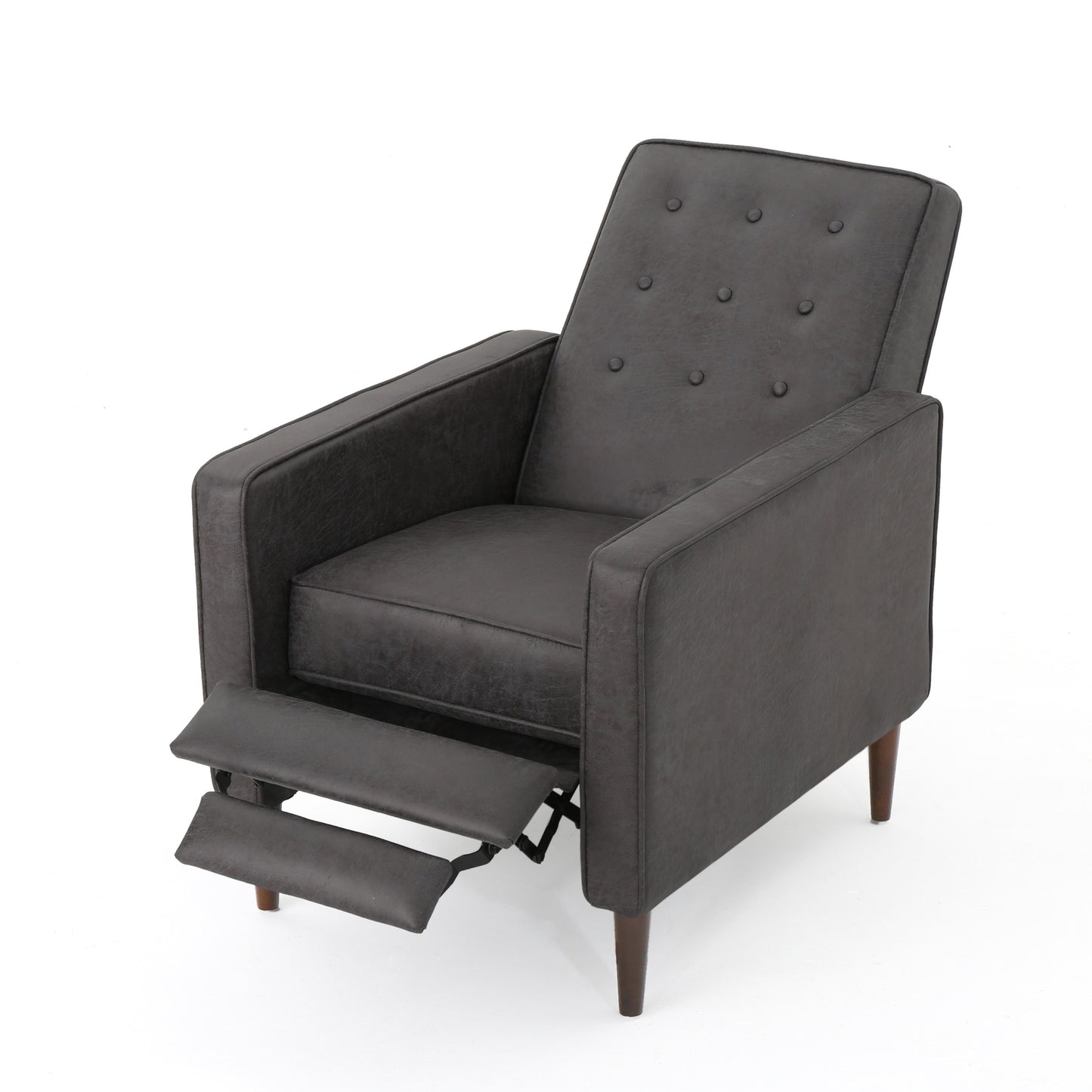 Dark gray recliner chair with button tufting and extended footrest