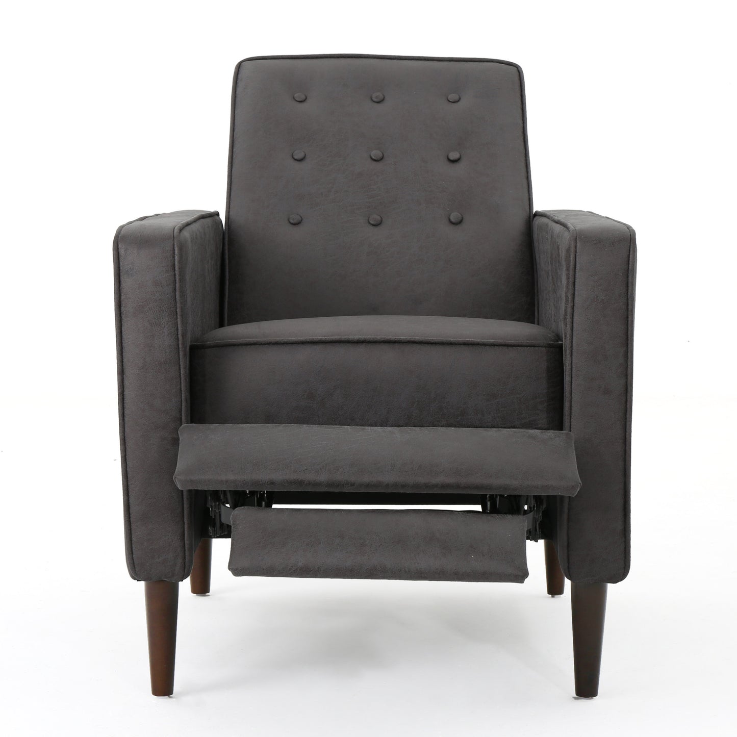 Dark grey upholstered recliner with tufted back and extended footrest