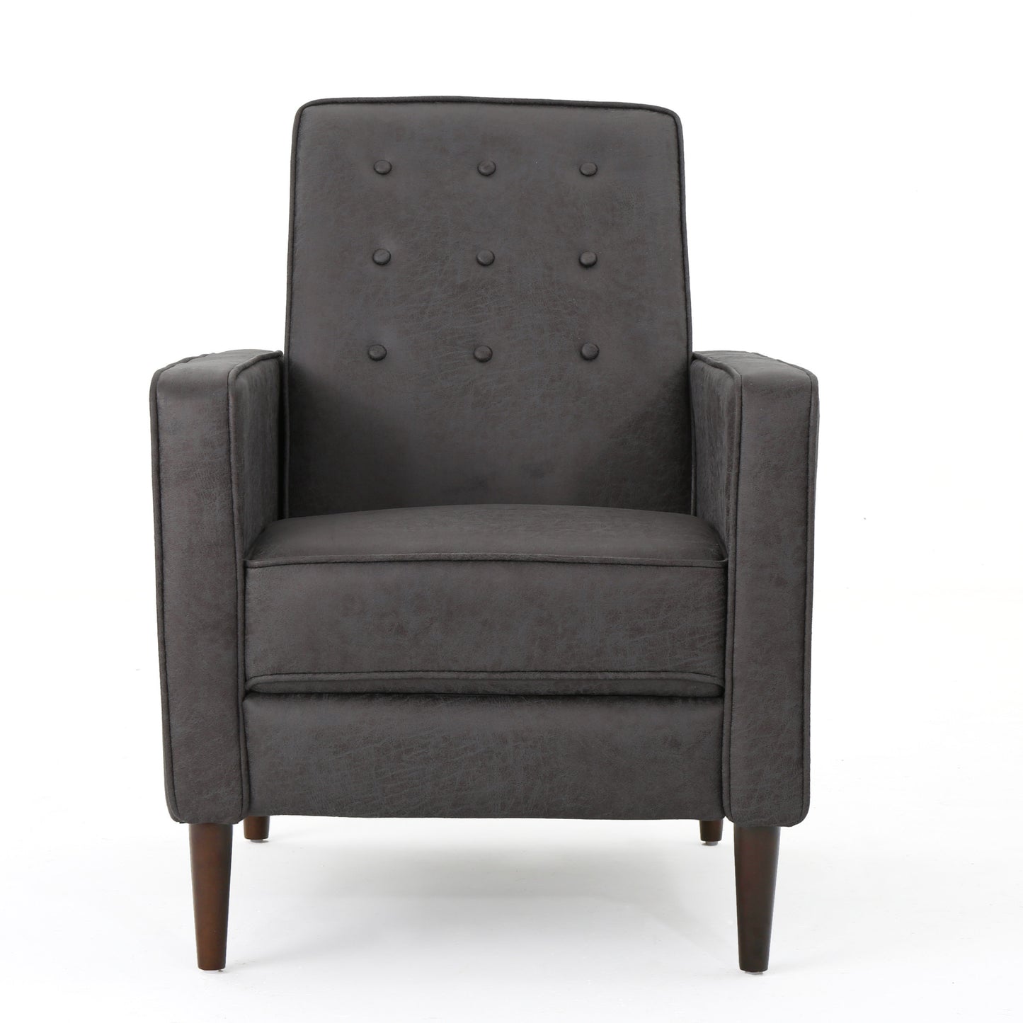 Dark grey faux leather accent chair with tufted backrest and wooden legs
