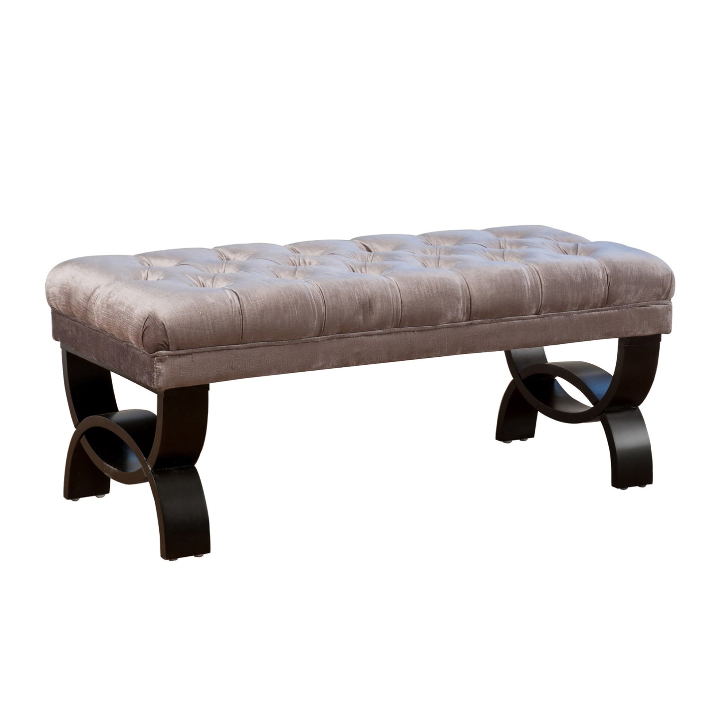Tufted champagne velvet bench with dark wooden curved legs perfect for entryway seating