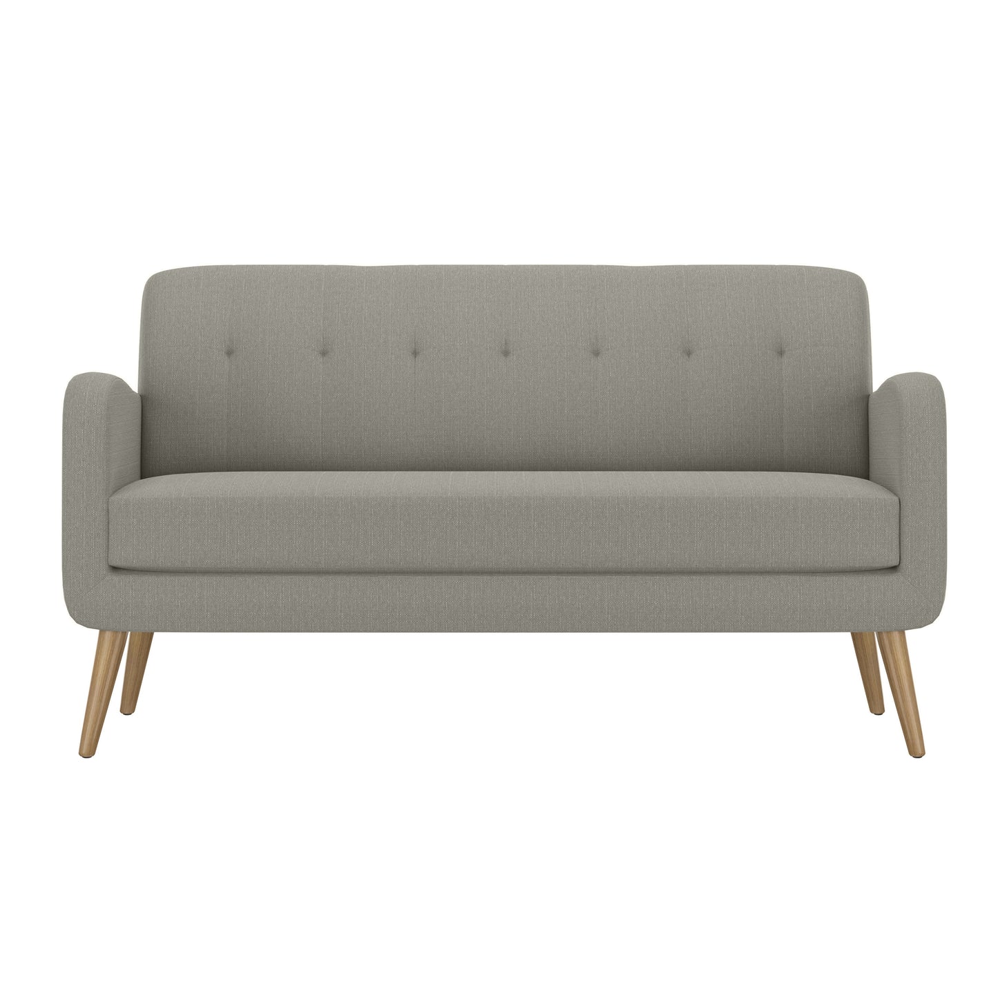 Gray fabric midcentury modern sofa with tufted back and wooden legs