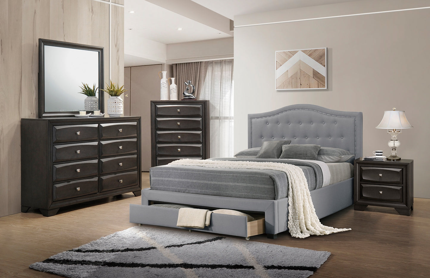 Upholstered grey king size bed with storage drawer and tufted headboard
