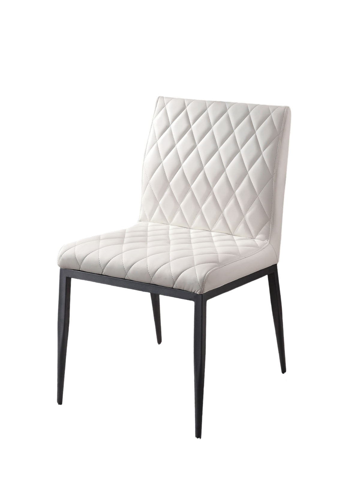 White upholstered dining chair with diamond tufting and black metal legs modern style