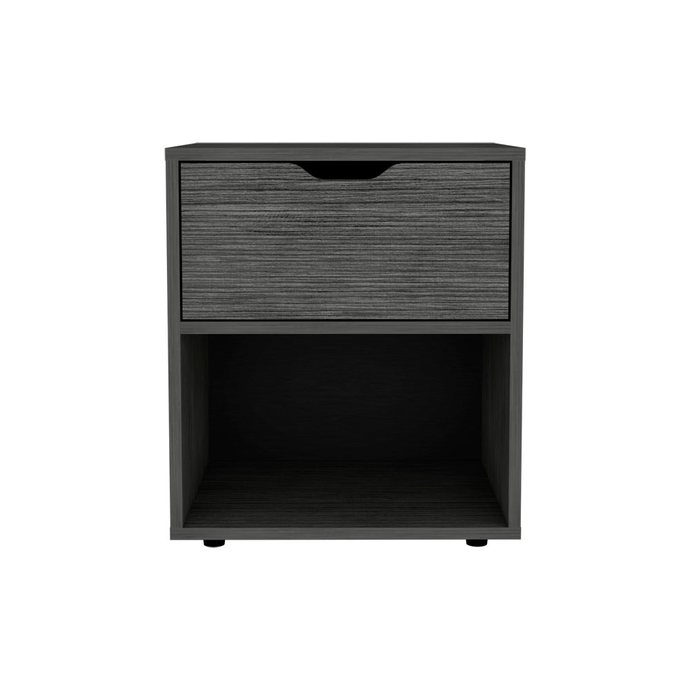 Dark gray modern nightstand with one drawer and open shelving