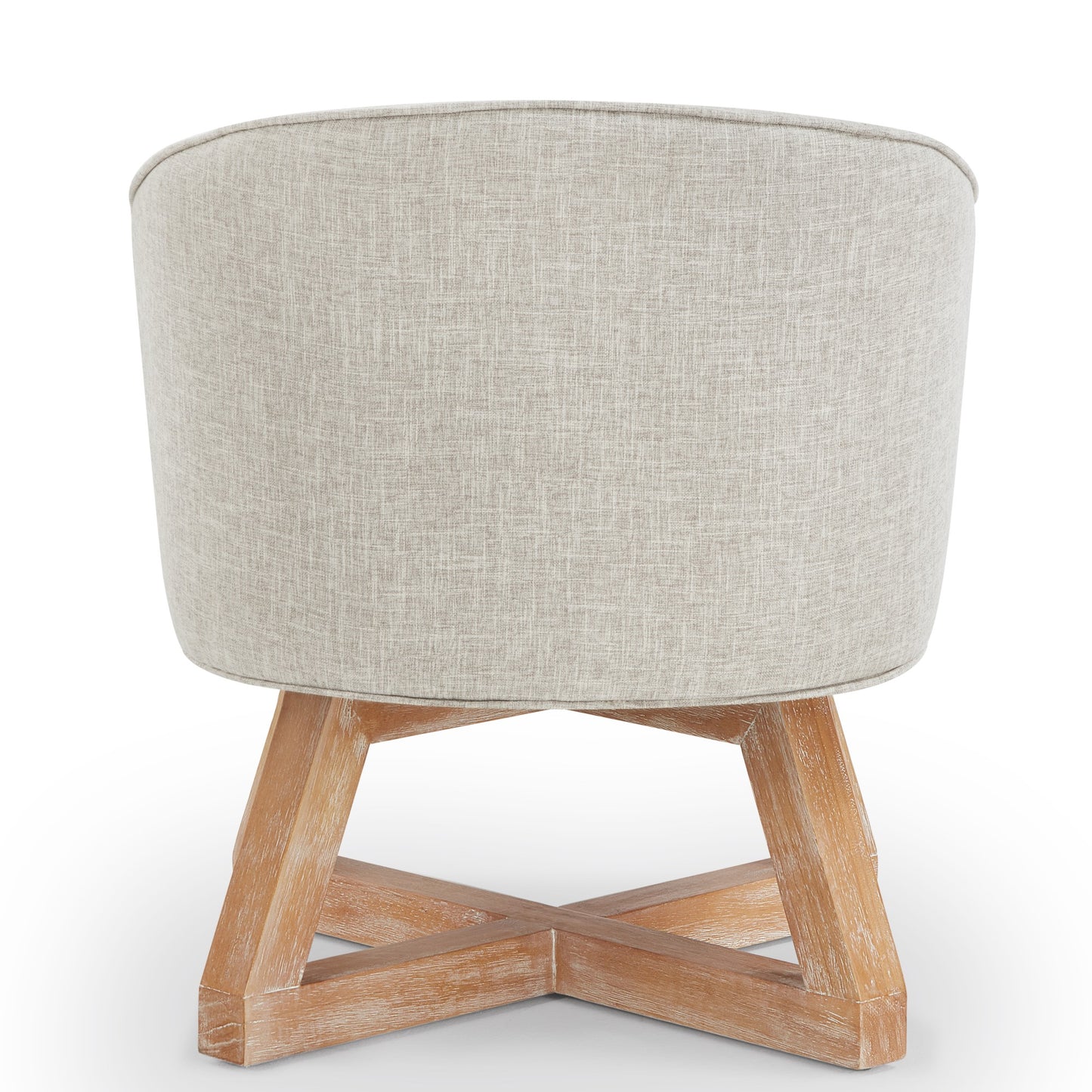 Textured beige fabric accent chair with natural wood cross base