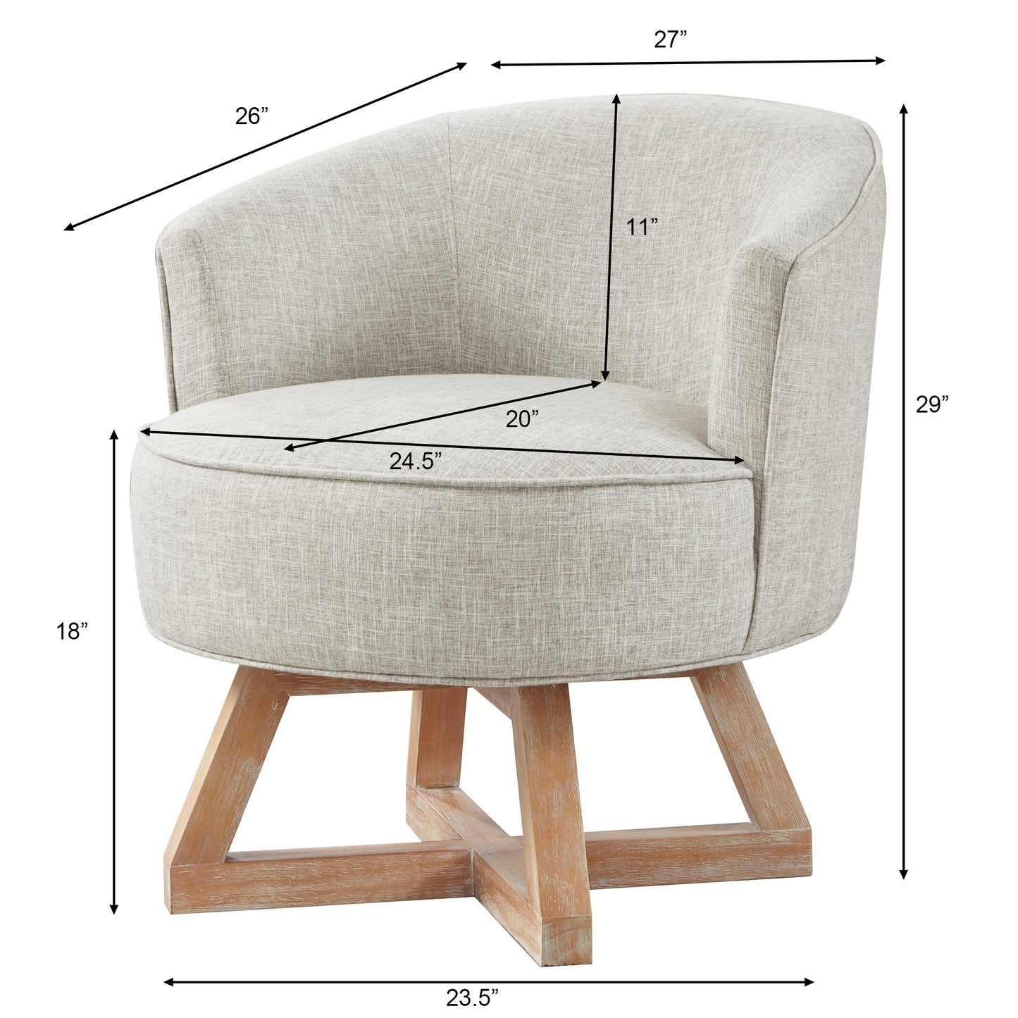Light grey textured fabric accent chair with a curved back and wooden base