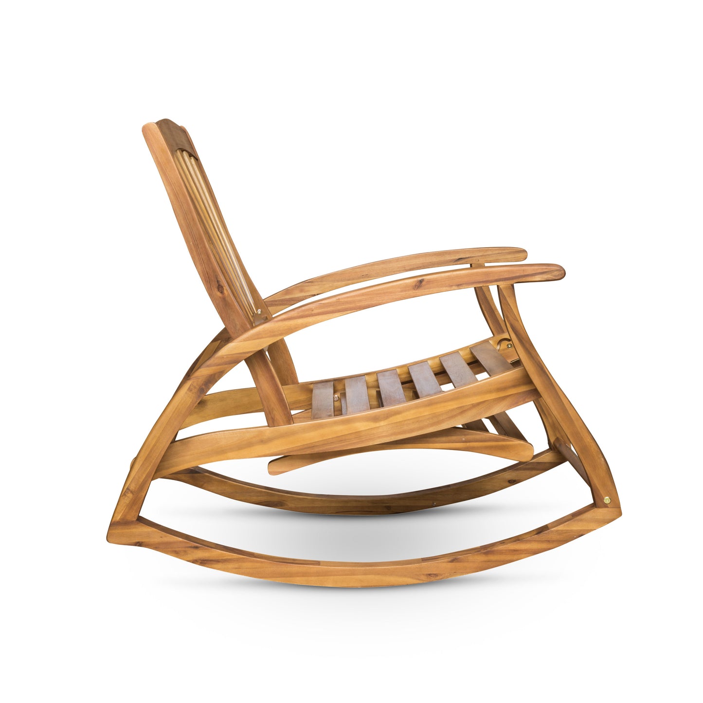 Wooden rocking chair with curved armrests and slatted seat ideal for outdoor relaxation