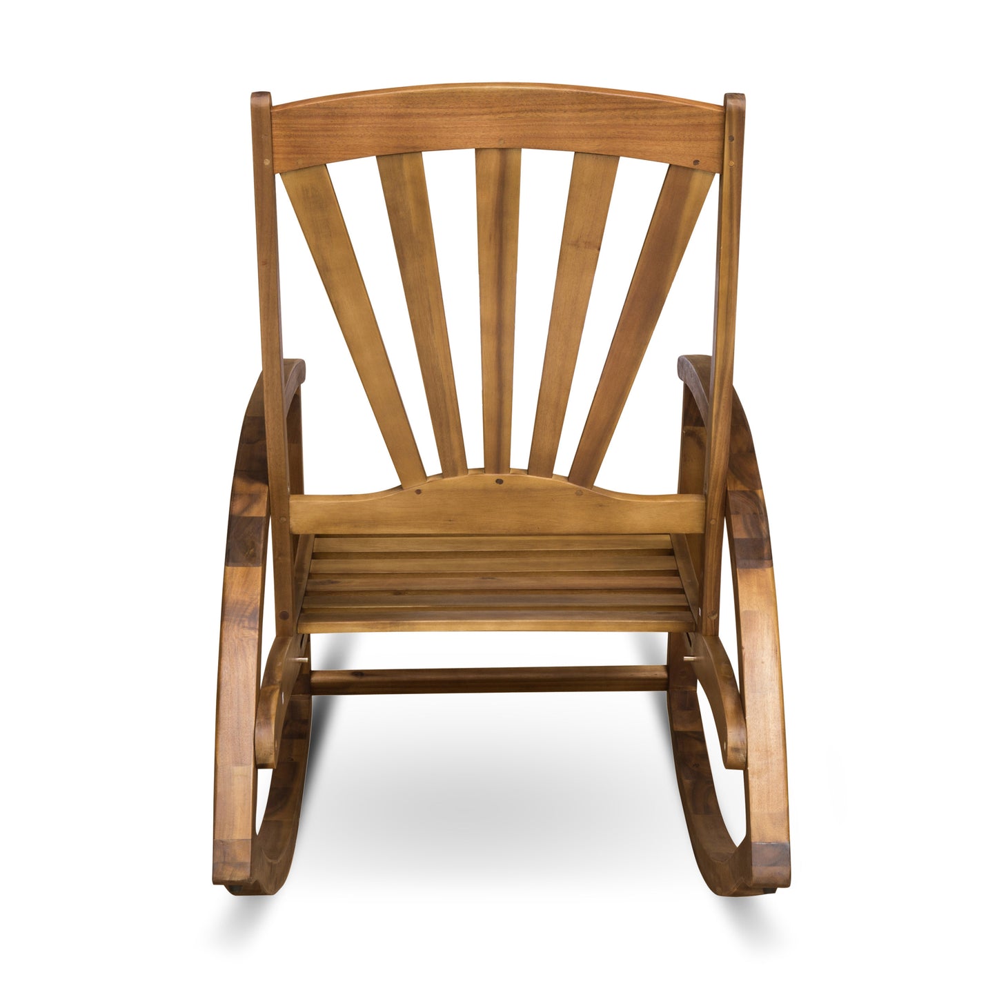 Solid wood rocking chair with a natural finish featuring a fanback design and curved armrests for comfort