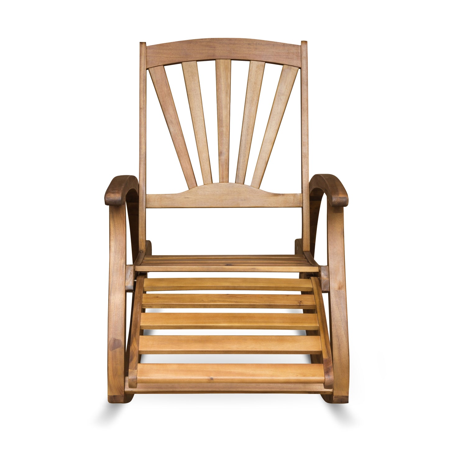 Natural wood rocking chair with fanshaped back and slatted seat perfect for outdoor relaxation