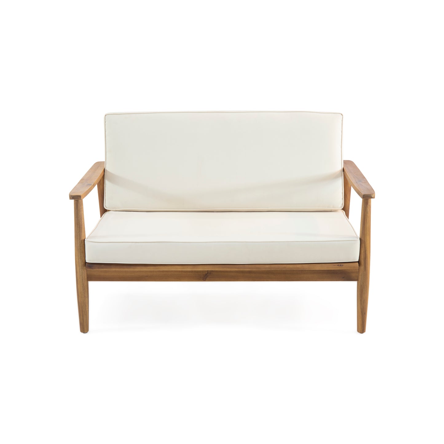 Wooden patio loveseat with offwhite cushions and clean lines
