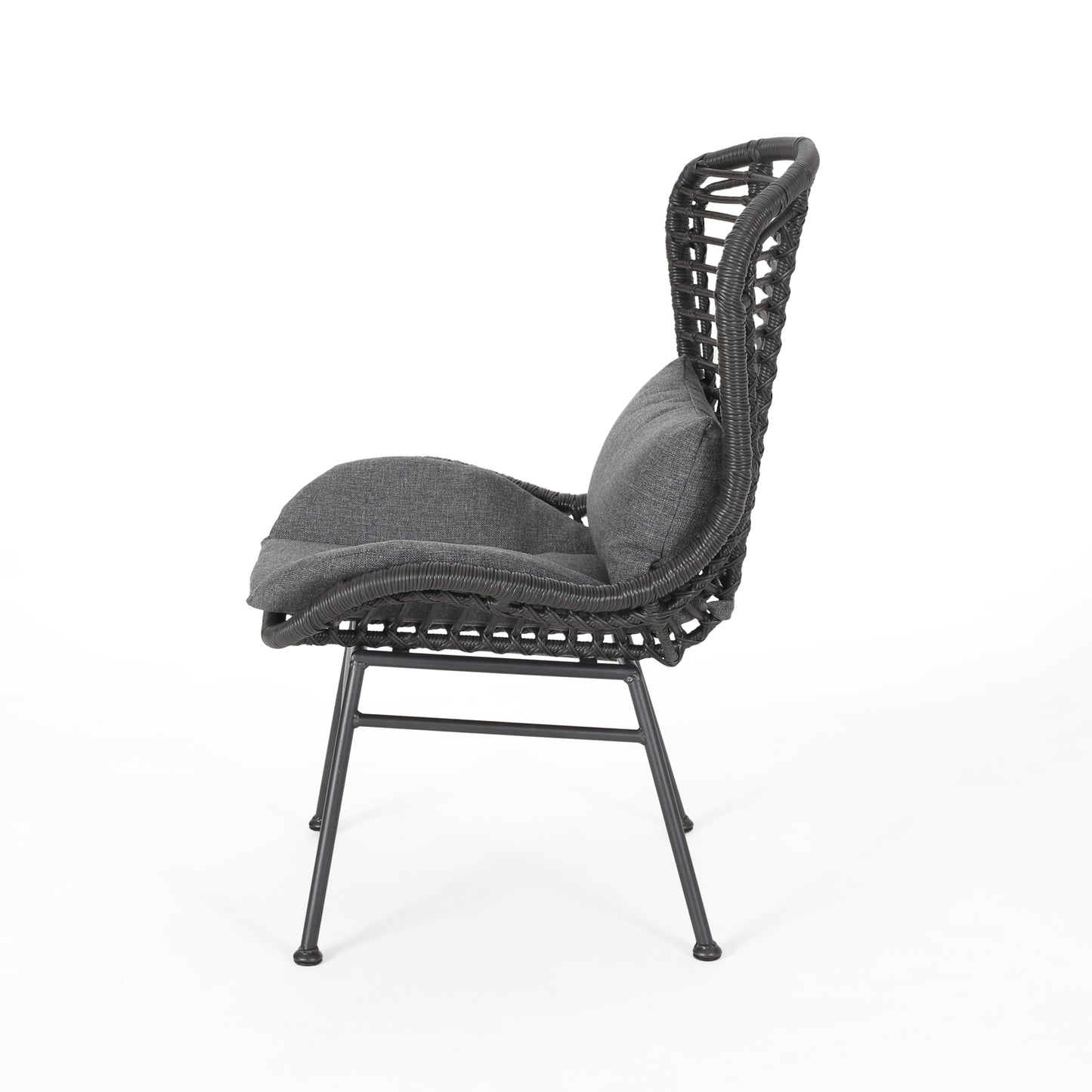 Dark gray wicker patio chair with charcoal seat and back cushions