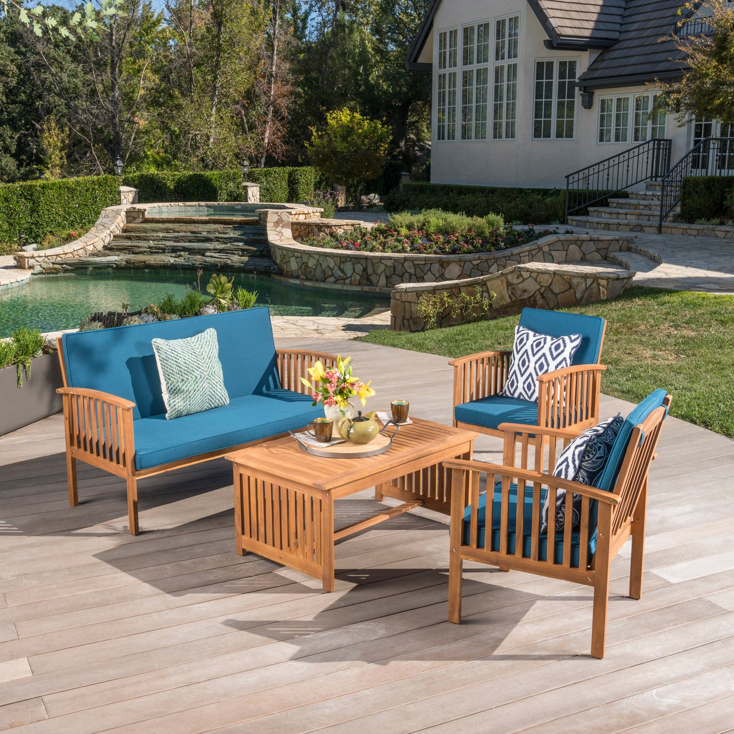 TREATLIFE HOME Outdoor Acacia Wood Sofa Set with Water Resistant Cushions, 4-Piece Chat Set, Brown Patina and Teal Blue
