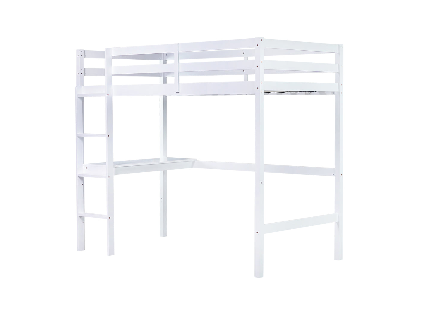 White wooden loft bed with desk and ladder
