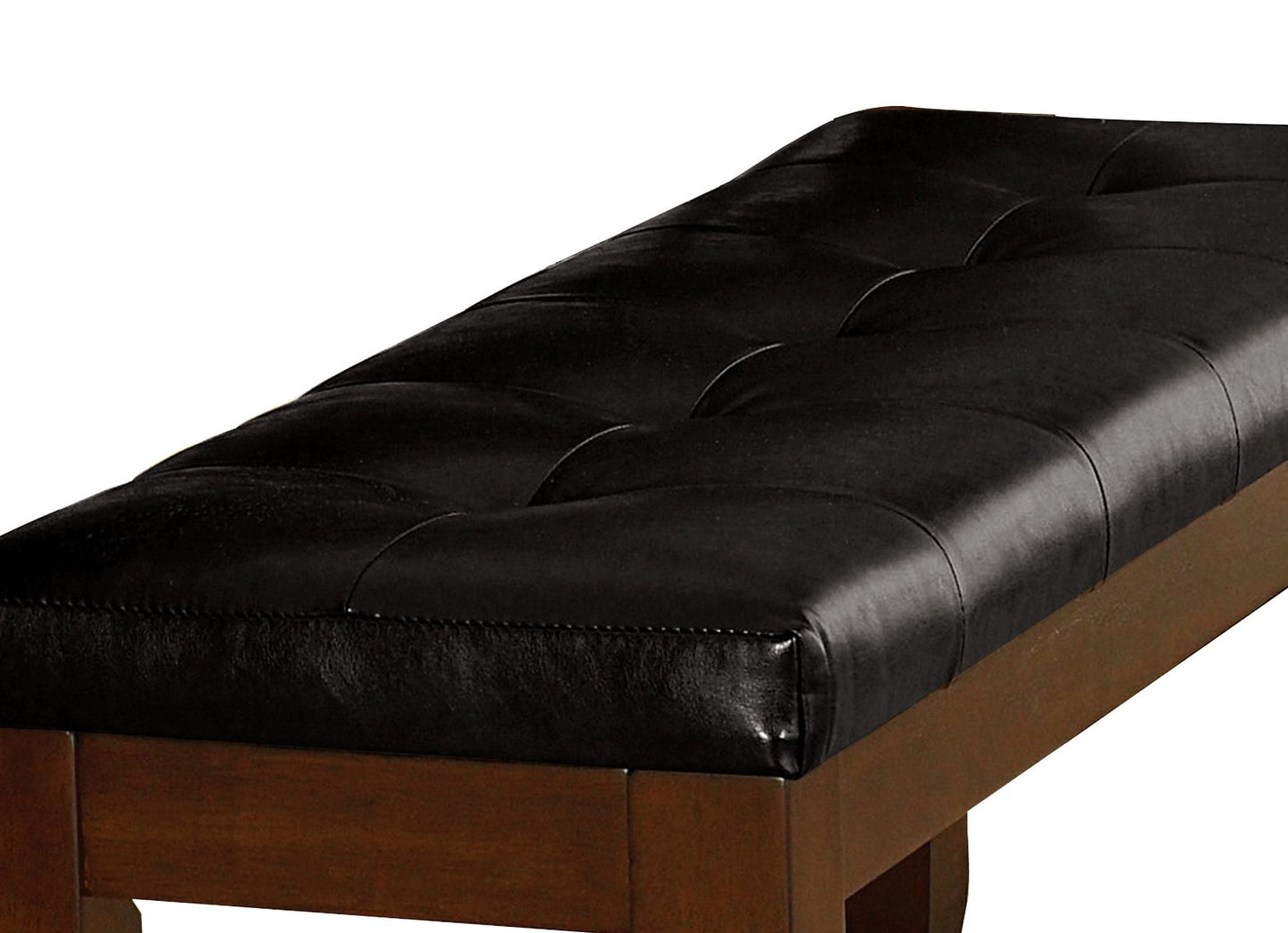 Black tufted faux leather bench with wooden frame